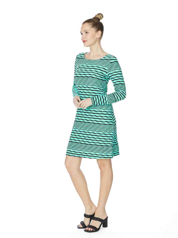 Tianello "Stripe" Jacquard Knit LS "Ballet" Dress-Aqua Haze