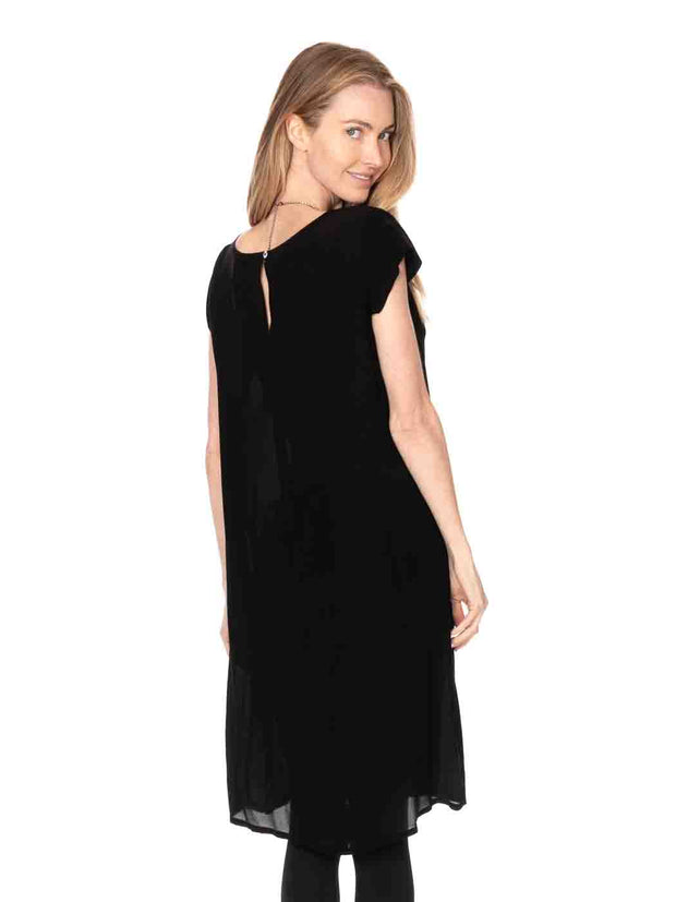 Tianello Crepe de Chine Washable Silk Cap Sleeved "Ellie" Dress-Black