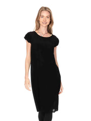 Tianello Crepe de Chine Washable Silk Cap Sleeved "Ellie" Dress-Black