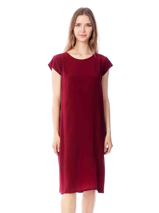 Tianello Crepe de Chine Washable Silk Cap Sleeved "Ellie" Dress-Pomegranate