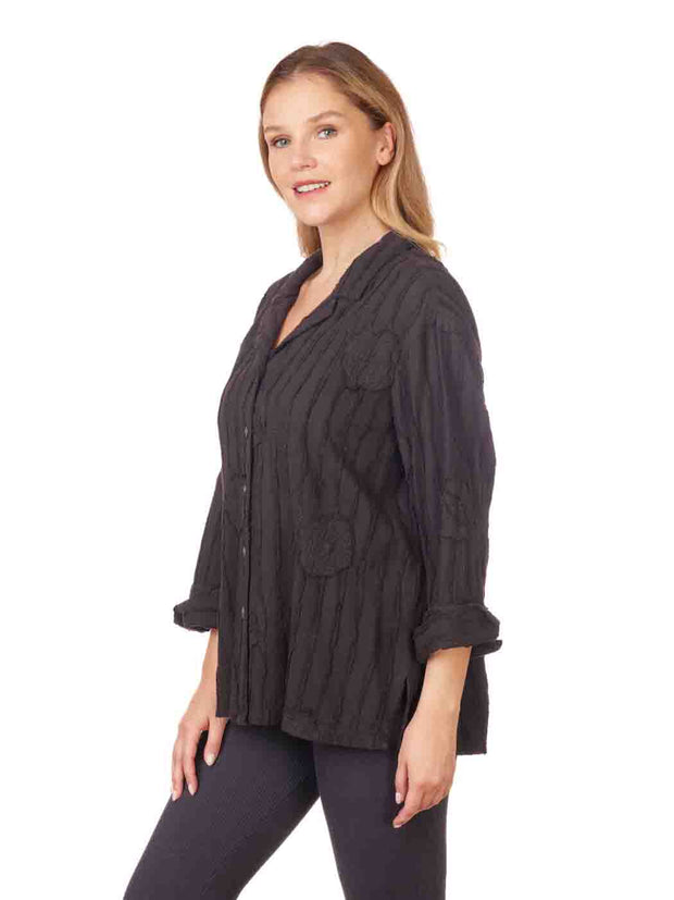 Tianello  "Flora" Embroidered Cotton oversized "Aida" Blouse-Black
