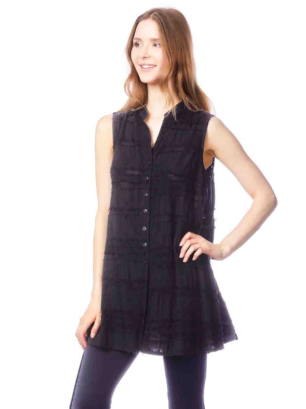 Tianello  "HOLLY" Embroidered CottonSleeveless "Eilee" Blouse-Black