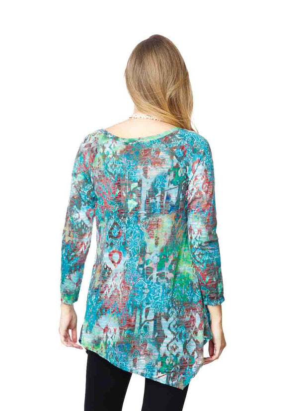 Tianello "Majestic" Print Cotton Knit Burnout  "Toni" Tunic-Ocean