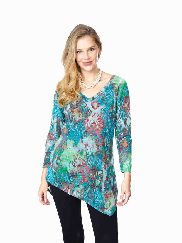 Tianello "Majestic" Print Cotton Knit Burnout  "Toni" Tunic-Ocean