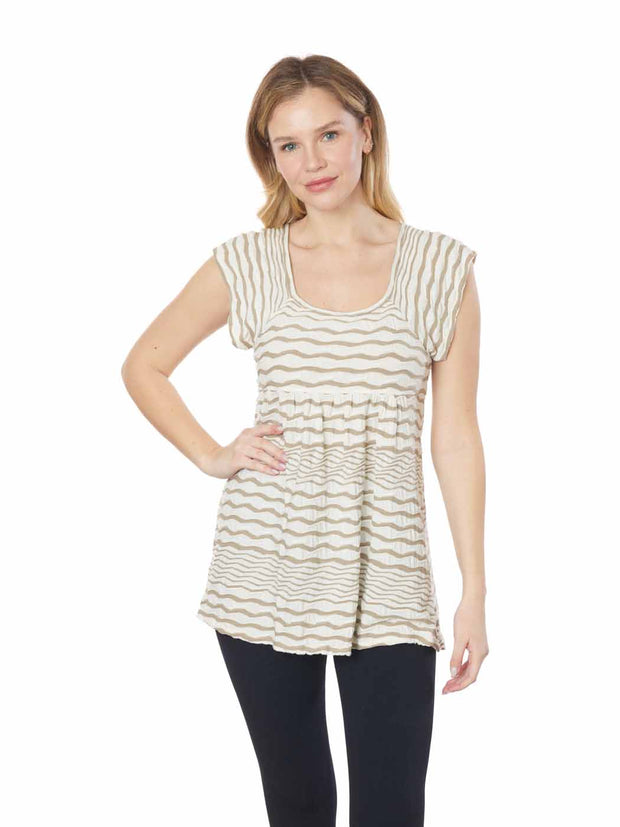 Tianello Taupe "Broken Stripe" Knit Jacquard "Andalucia"" Cap Sleeve Blouse