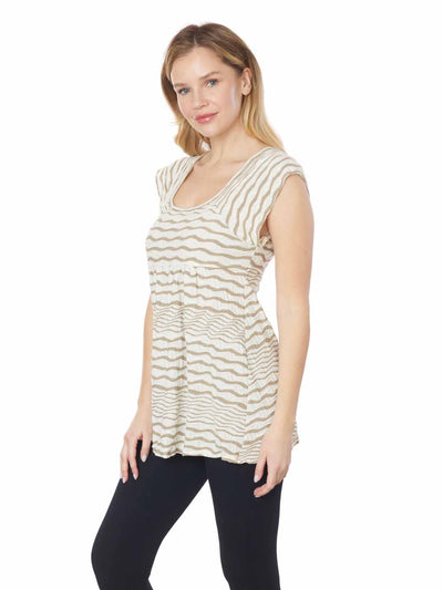 Tianello Taupe "Broken Stripe" Knit Jacquard "Andalucia"" Cap Sleeve Blouse