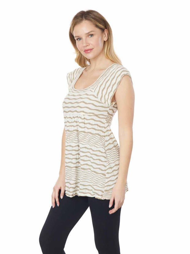 Tianello Taupe "Broken Stripe" Knit Jacquard "Andalucia"" Cap Sleeve Blouse
