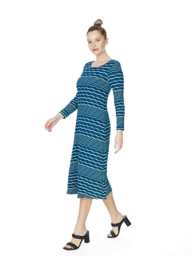 Tianello "Bent Stripe" Knit Jacquard "Ballet" Dress-Midnight Teal