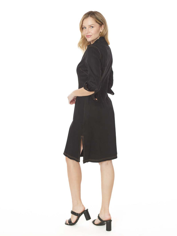Tianello TENCEL™ Cotton-Stretch Black "Denim" Long "Daphne" Shirt Dress