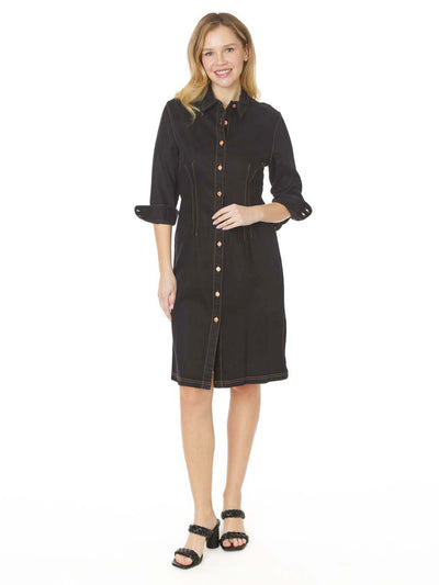 Tianello TENCEL™ Cotton-Stretch Black "Denim" Long "Daphne" Shirt Dress