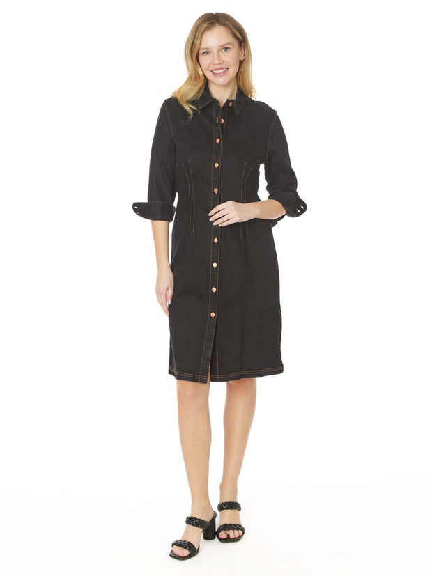 Tianello TENCEL™ Cotton-Stretch Black "Denim" Long "Daphne" Shirt Dress