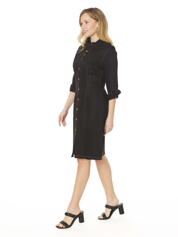 Tianello TENCEL™ Cotton-Stretch Black "Denim" Long "Daphne" Shirt Dress