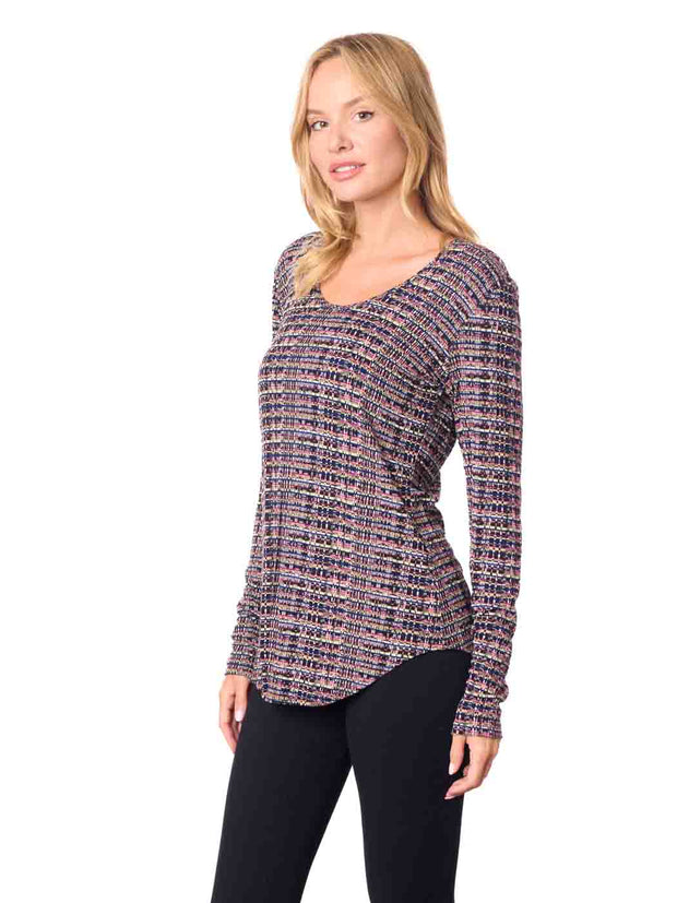 Woman wearing a patterned long-sleeve top