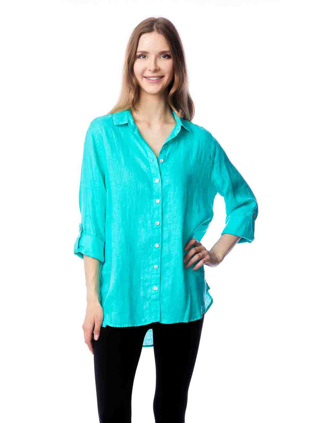 Tianello "Dena" Hanky Linen "Loving" Blouse-Aqua Haze
