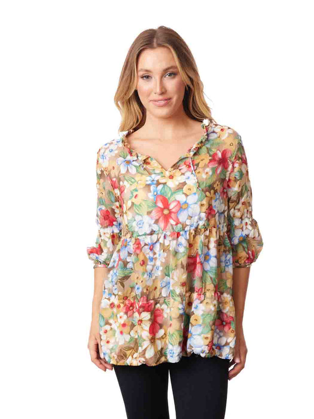 Tianello "Blue Heaven" Print Sueded Cupro "Chemilee" Blouse