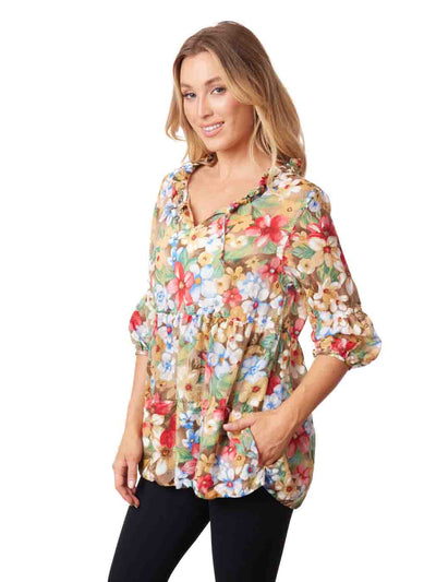 Tianello "Blue Heaven" Print Sueded Cupro "Chemilee" Blouse