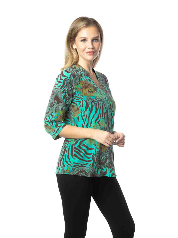 Tianello TENCEL™ print "ZAGRA"  Garment Dyed "Hali" Blouse-Tiffany Teal