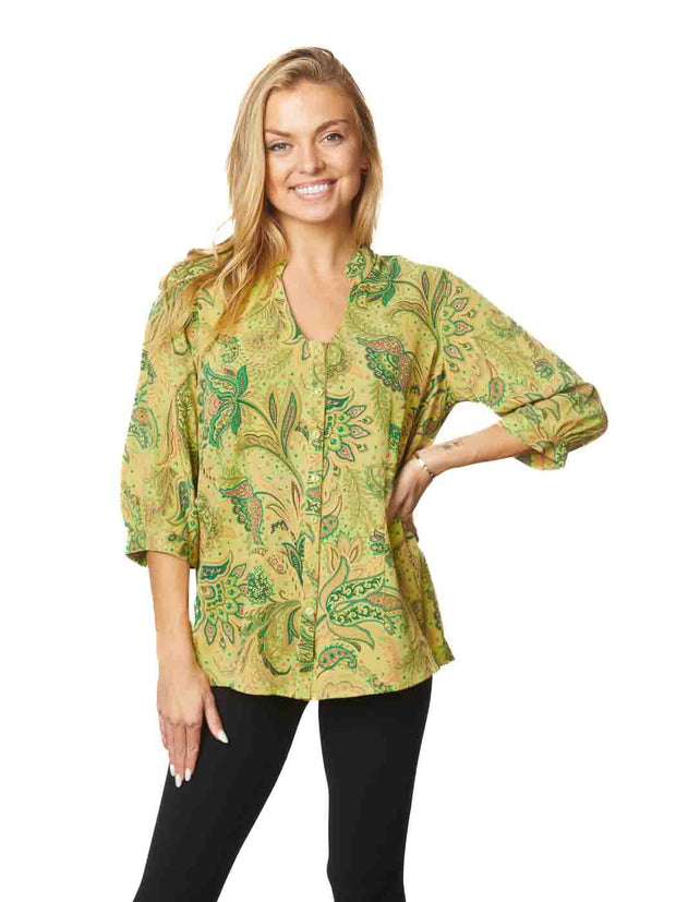 Tianello TENCEL™ print "Sophia"  Garment Dyed "Hali" Blouse-Spring Green