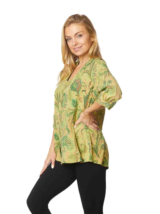 Tianello TENCEL™ print "Sophia"  Garment Dyed "Hali" Blouse-Spring Green