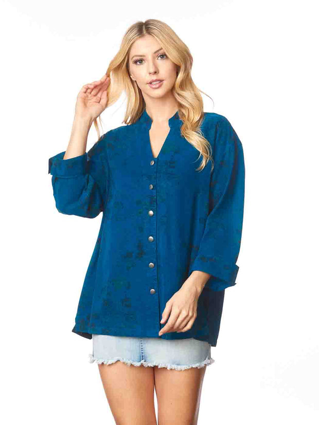 Tianello TENCEL™ "Spider Mum" print "Taipei" Blouse-Midnight Teal