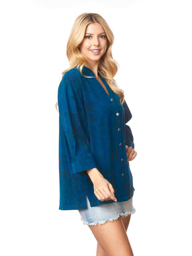 Tianello TENCEL™ "Spider Mum" print "Taipei" Blouse-Midnight Teal