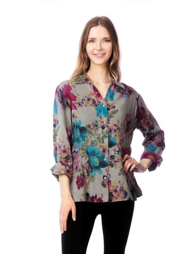 Tianello TENCEL™ "Lantana" Print "Suzy" Blouse-FOG
