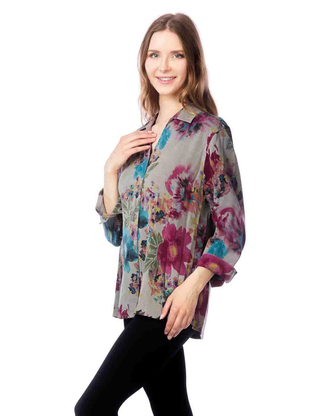 Tianello TENCEL™ "Lantana" Print "Suzy" Blouse-FOG