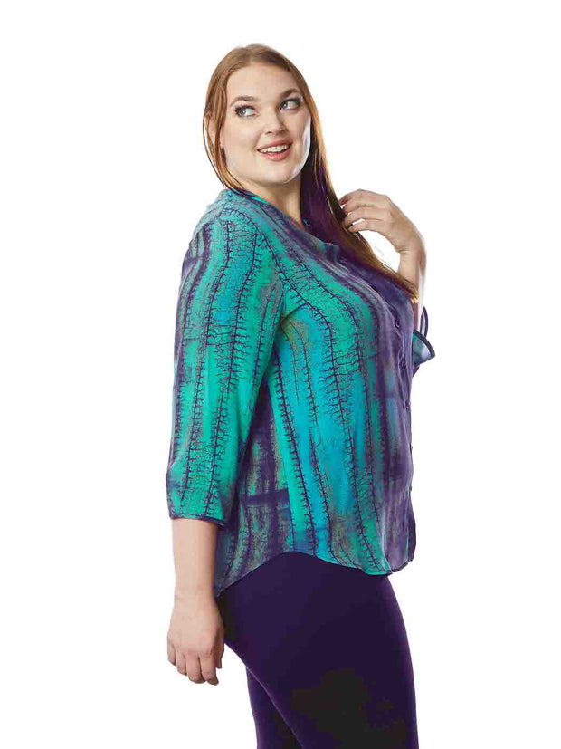 Tianello "Birch" Print Washable Silk "Bobbie" Blouse-Ocean