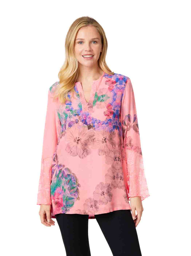 Tianello Print "Dahlia" Washable Silk "Emma" Blouse-Hot Pink