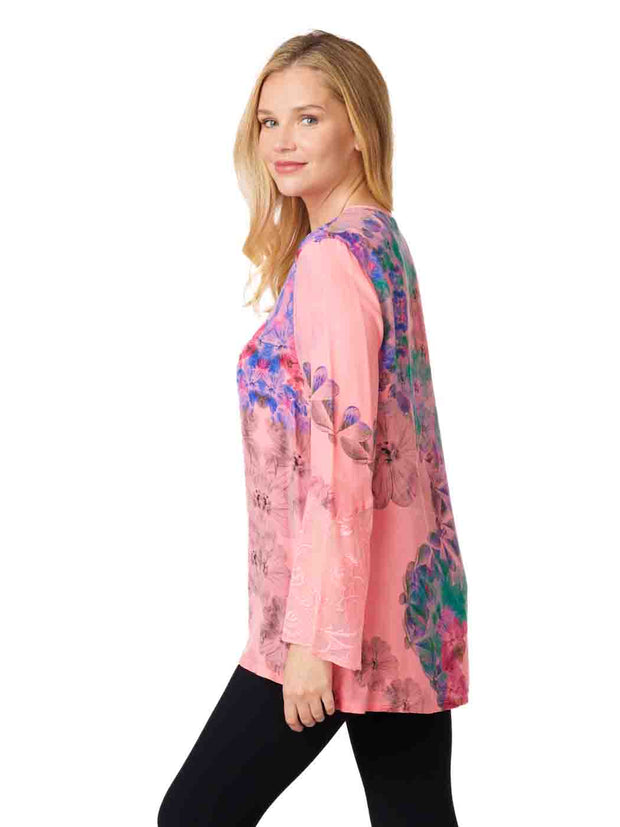 Tianello Print "Dahlia" Washable Silk "Emma" Blouse-Hot Pink