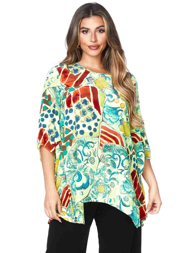 Tianello "Deruta" Print Washable Silk "Natalie" Blouse-Hot Lemon