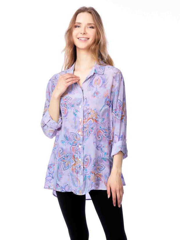 Tianello "Friyah" Print Washable Silk "Loving" Blouse-Lychee