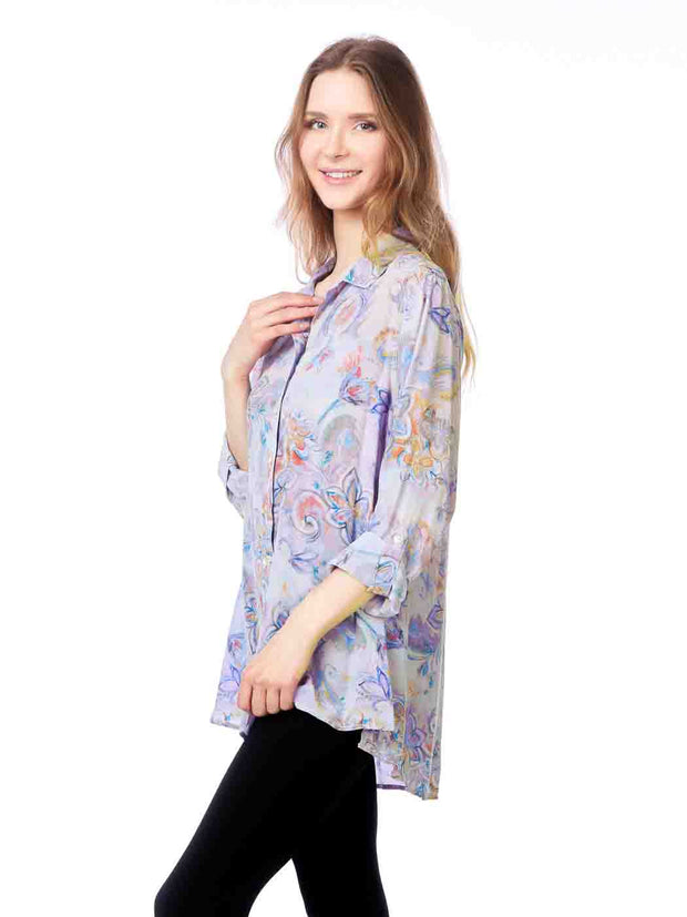 Tianello "Friyah" Print Washable Silk "Loving" Blouse-Slate