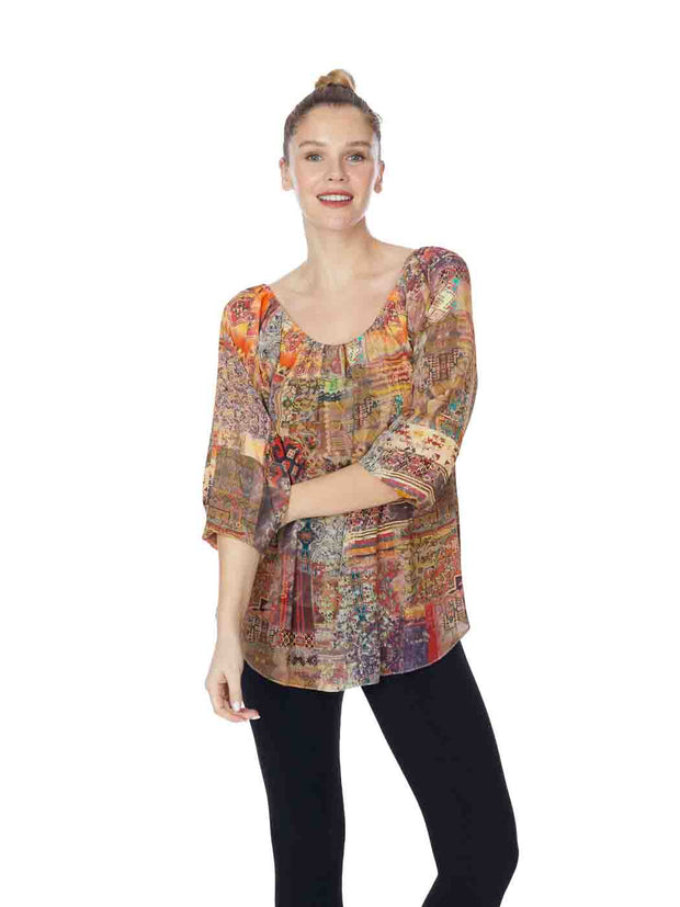 Tianello “Meswah” Print Washable Silk "Serafina" Off the Shoulder Blouse-Wash, Preshrunk