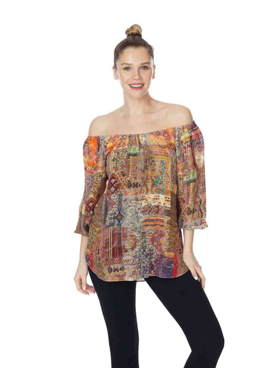Tianello “Meswah” Print Washable Silk "Serafina" Off the Shoulder Blouse-Wash, Preshrunk