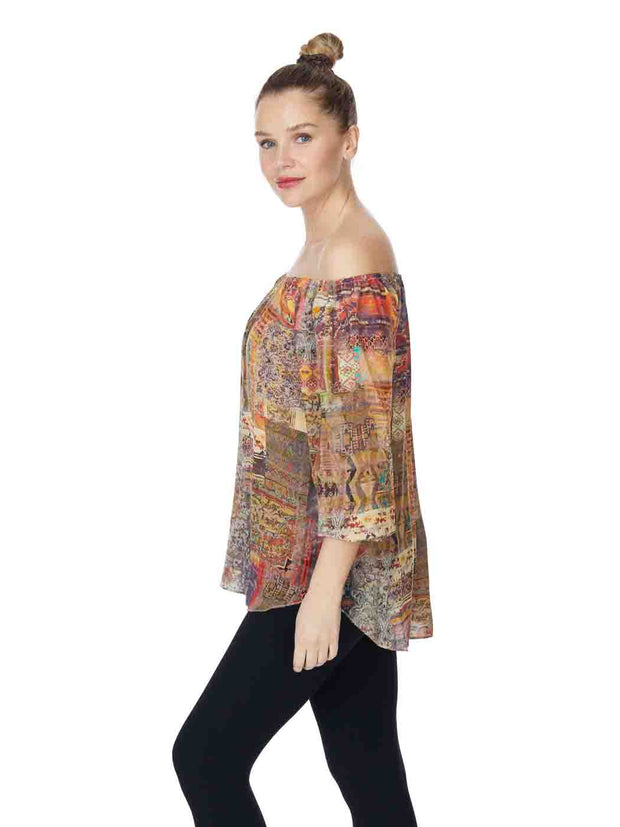 Tianello “Meswah” Print Washable Silk "Serafina" Off the Shoulder Blouse-Wash, Preshrunk