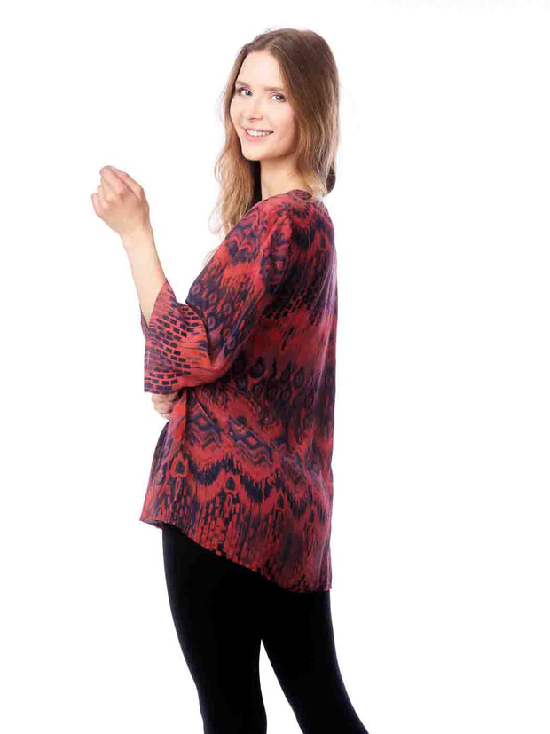 Tianello “Quito” Print Washable Silk "Vanna" Blouse-Fire