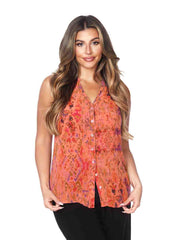 Tianello "Ravani" Print Washable Silk "Melane" Blouse-Orange Cream