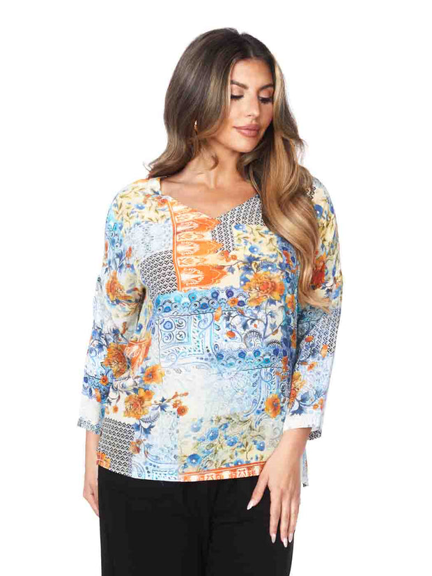 Tianello "Scarlet" Print Washable Silk "Numi" Blouse-Wash