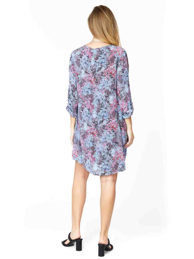 Tianello Print  "Walden" Washable Silk Long Sleeved "Avlyne" Dress-Milky Blue