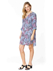 Tianello Print  "Walden" Washable Silk Long Sleeved "Avlyne" Dress-Milky Blue