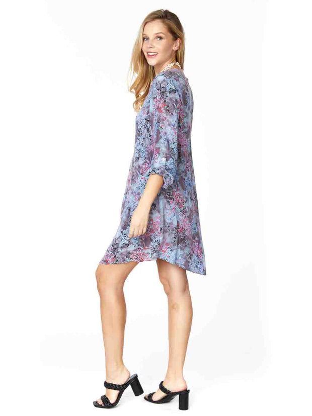 Tianello Print  "Walden" Washable Silk Long Sleeved "Avlyne" Dress-Milky Blue