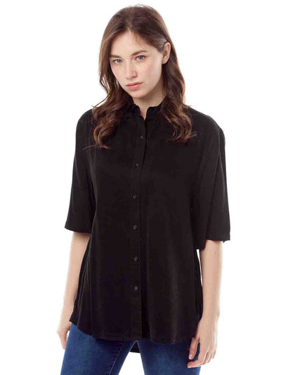 Tianello TENCEL™ S. S. Camp Shirt with Mandarin Collar-Black