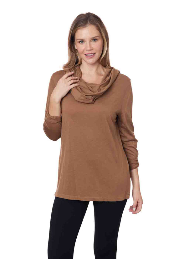 Tianello TENCEL™ "Whisper Knit" L.S. Cowl Blouse - Nutmeg - XS - Tianello.com