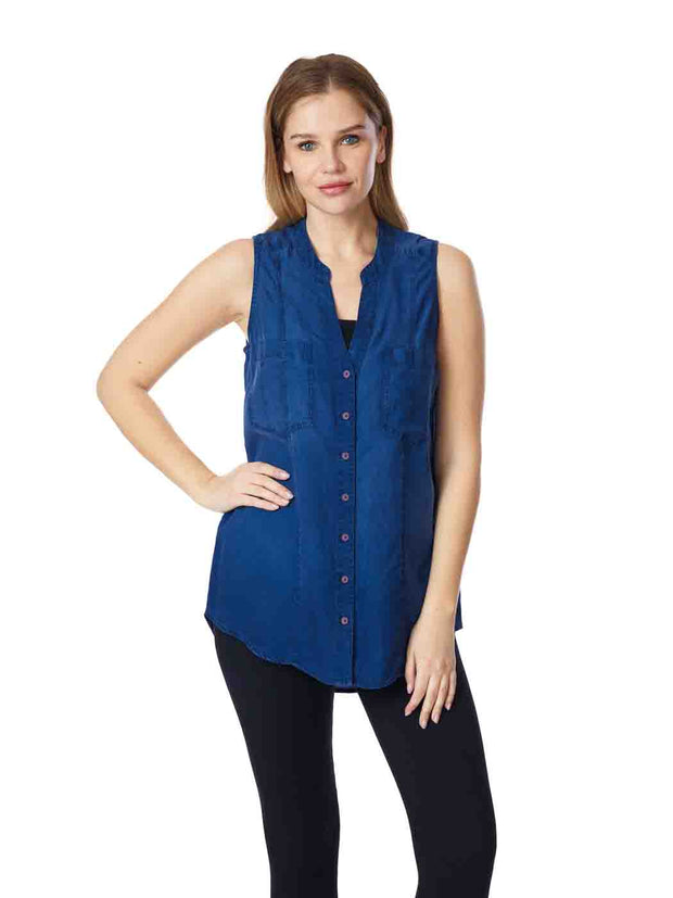 Tianello "Winston" Light Weight TENCEL™ Denim Chambray, Sleeveless "Savoir" Blouse-Cobalt Blue