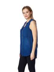 Tianello "Winston" Light Weight TENCEL™ Denim Chambray, Sleeveless "Savoir" Blouse-Cobalt Blue