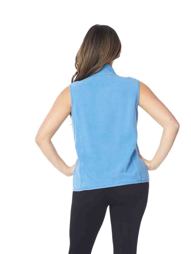  Tianello TENCEL™  Sleeveless "Oxford" Vest Jacket, Lined, & Side Pockets-Denim Blue