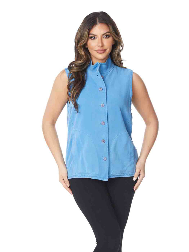  Tianello TENCEL™  Sleeveless "Oxford" Vest Jacket, Lined, & Side Pockets-Denim Blue