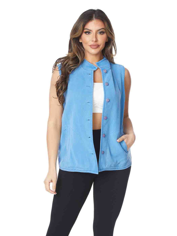  Tianello TENCEL™  Sleeveless "Oxford" Vest Jacket, Lined, & Side Pockets-Denim Blue