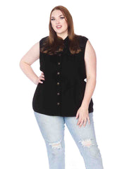 Tianello Plus Sized TENCEL™ "Vine" Cotton Jacquard Sleeveless "Oxford" Vest Jacket-Lined...  with Side Pockets-Black